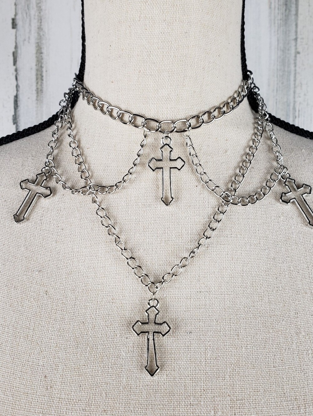 Layered Silver Cross Charm Choker Necklace - Women Jewelry
